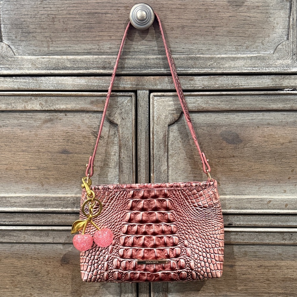 Brahmin Rose Croc-Embossed Leather Wristlet with Cherry Charm